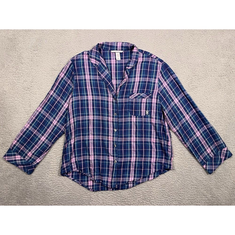 Victoria's Secret Pajama Top Blue Pink Plaid Collared Button Medium M - Picture 1 of 8